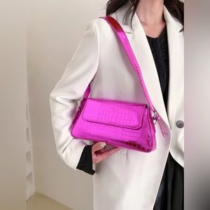 NEW SHEIN Metallic Crocodile Embossed Flap Baguette Bag in Pink Y2K Fashion
